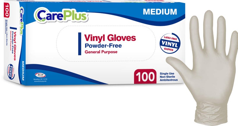 Care Plus Medium Size Disposable Vinyl Gloves Heavy Duty Non Sterile Powder Free Latex Free Rubber 100 Count Box food Safe - Image 1